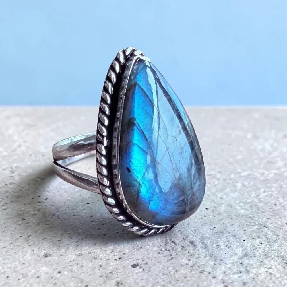 Fiery Labradorite 925 Silver Plated Ring Size 10